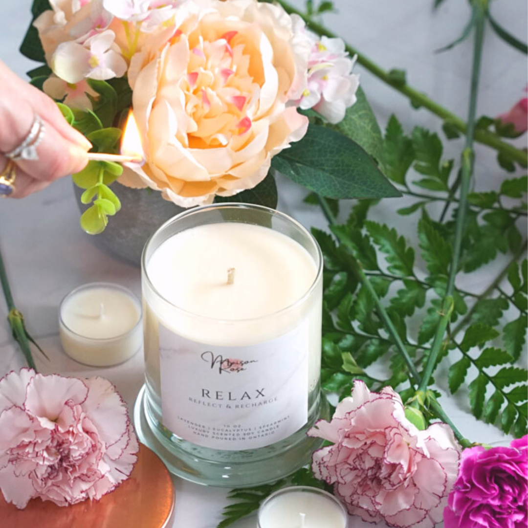 Relax, reflect and recharge with this aromatic blend of lavender, eucalyptus and spearmint. It brings a relaxing, enjoyable scent to your room. Our luxury soy candles are 100% plant-based and eco-friendly. They are beautifully scented, to bring a warm aroma to your home. Our soy candles are handmade in Canada.