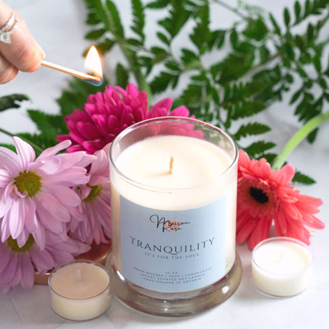 This blend of frankincense, sage and lemongrass essential oils helps reduce stress reactions and negative emotions. Our luxury soy candles are 100% plant-based, eco-friendly and sustainable. They are beautifully scented, to bring a warm aroma to your home. Our soy candles are handmade in Ontario, Canada.
